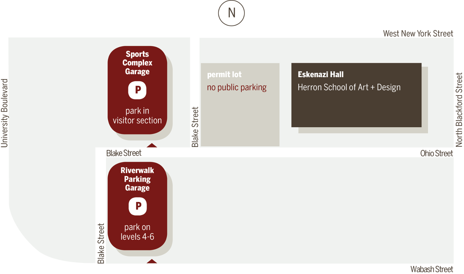 Visual map of parking lots and garages for Eskenazi Hall on the IUPUI campus