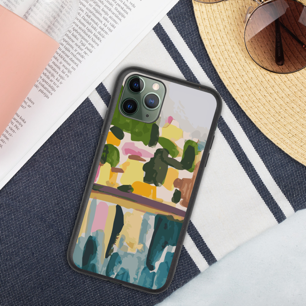 Top-down shot of the back of an iPhone in a colorful case