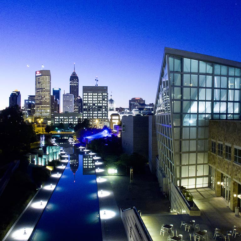 The Indianapolis skyline at night.